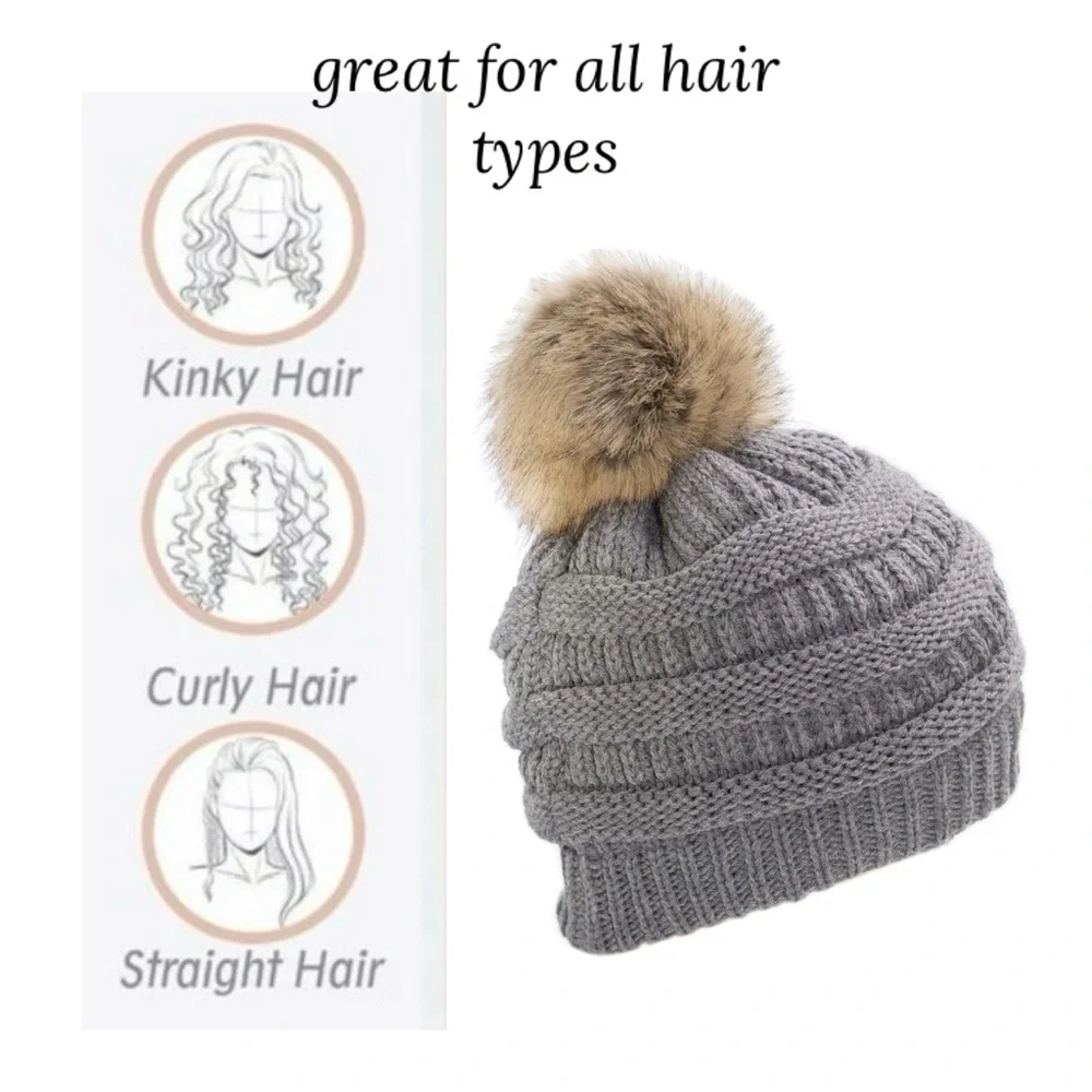 New with Tags Soft Stretch Cable Knit Ribbed faux Fur Pom PomBeanie Hat - Picture 3 of 3